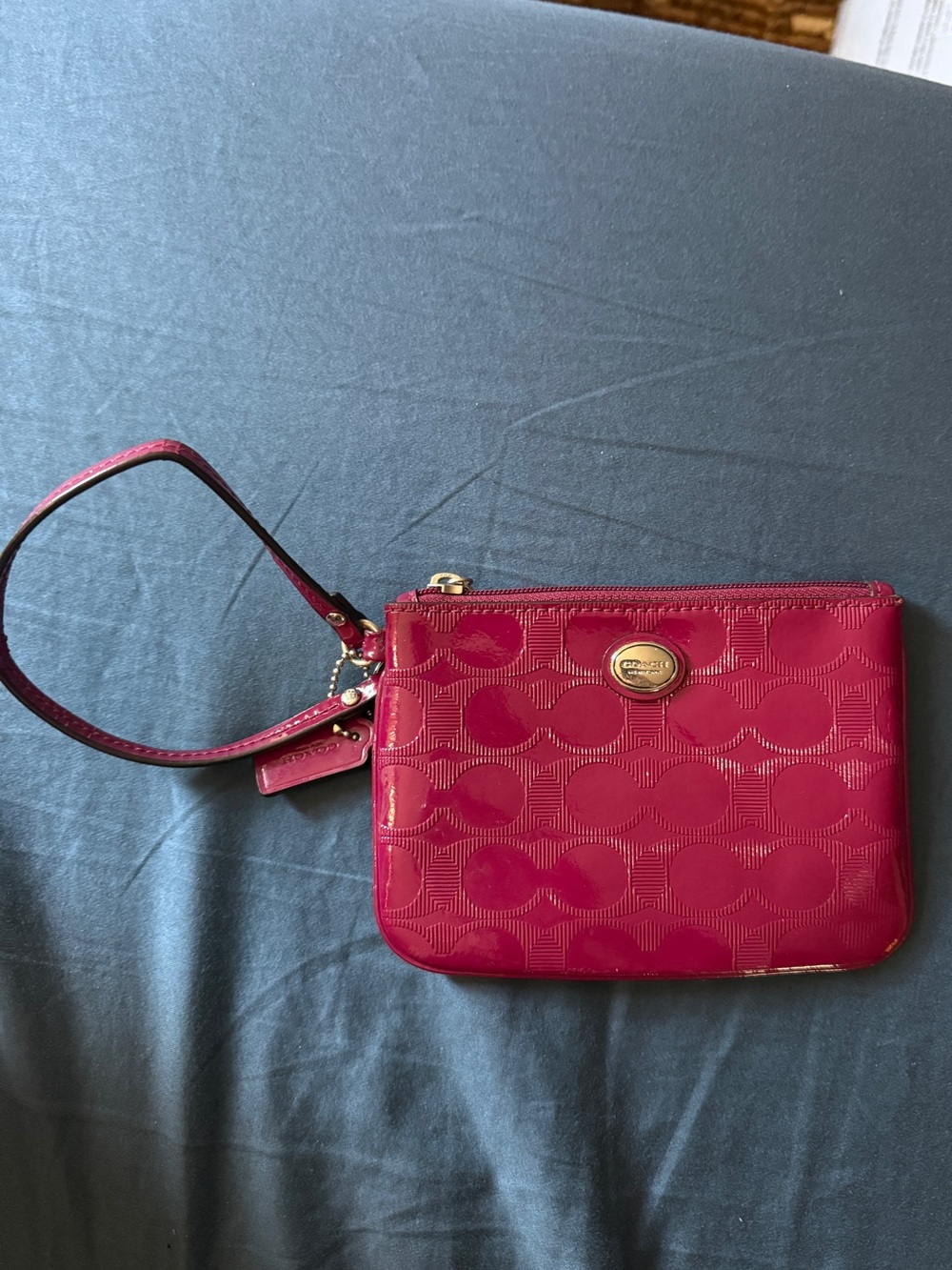 Coach Hot Pink Signature Wristlet Pouch with Gold Accent